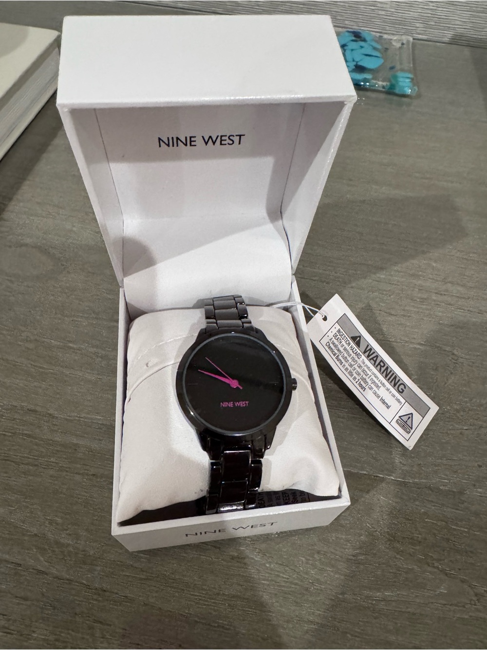 Nine West Black Stainless Steel Watch with Pink Hands